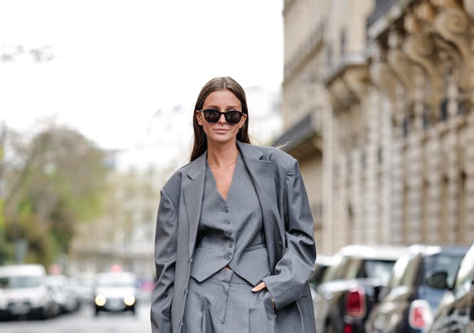style woman paris fashion blogger elegant spring spring outfit spring look summer outfit summer look light hair matte lipstick matching outfit suit outfit gray outfit beige nails clothing coat formal wear suit blazer jacket person standing pants