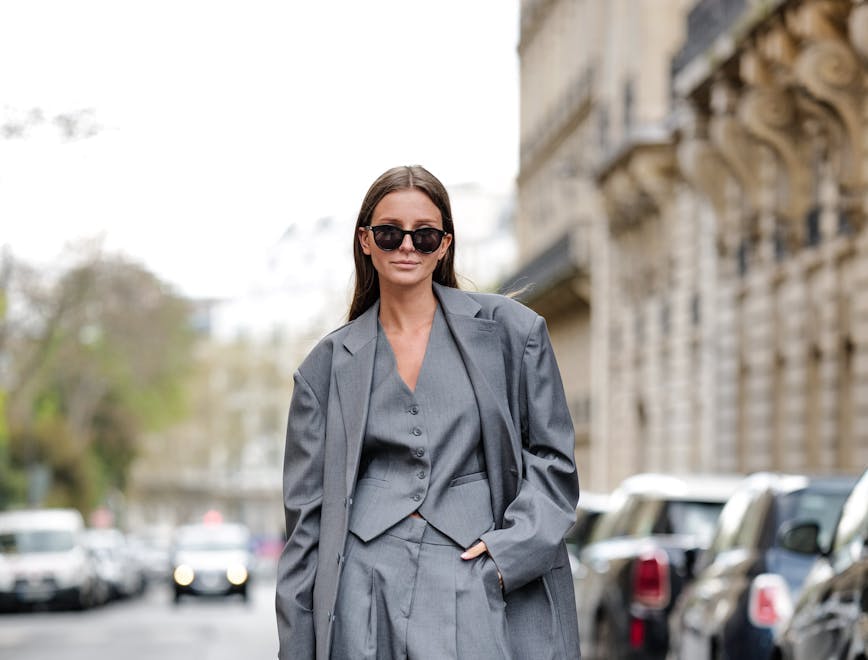 style woman paris fashion blogger elegant spring spring outfit spring look summer outfit summer look light hair matte lipstick matching outfit suit outfit gray outfit beige nails clothing coat formal wear suit blazer jacket person standing pants